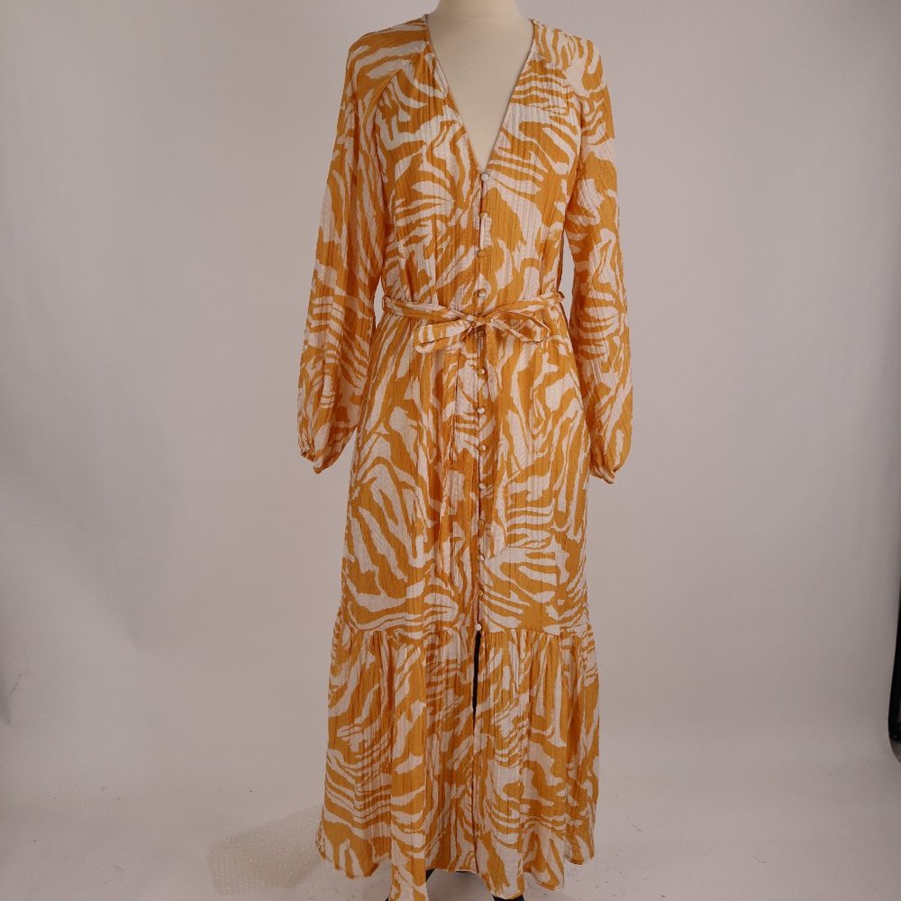 🌺 H&M NWOT Mustard Artisan Animal Print Maxi Dress Boho Hippie Beach Cover Up